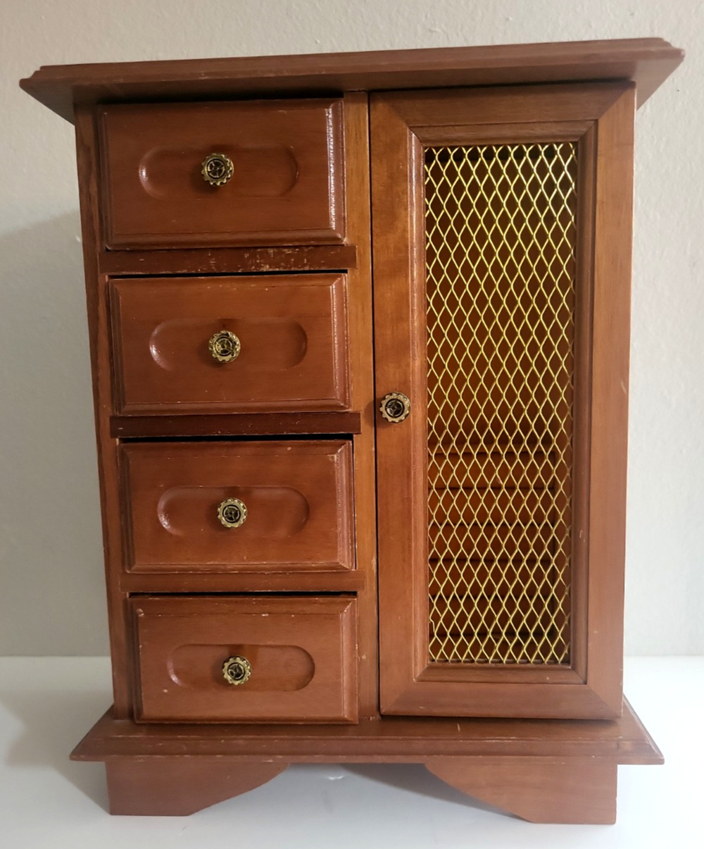 Vintage Wood Four Drawer Jewelry Box Armoire Musical Gold Felt 11.5 x 9 WORKS